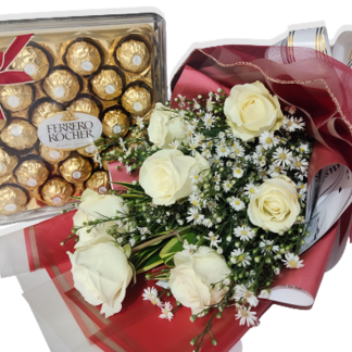 A bouquet of Roses and one box of chocolate
