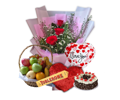 Celebration 3 Roses in a bouquet a basket of fruits Black Forest Cake Heart Pillow Toblerone Chocolate Heart Balloon