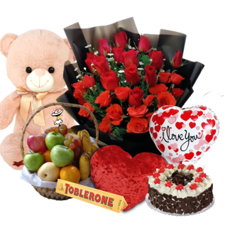 Blessed To Have You Bouquet of Red Roses Regular sized Teddy Bear Black Forest Cake Fruit Basket Heart Pillow