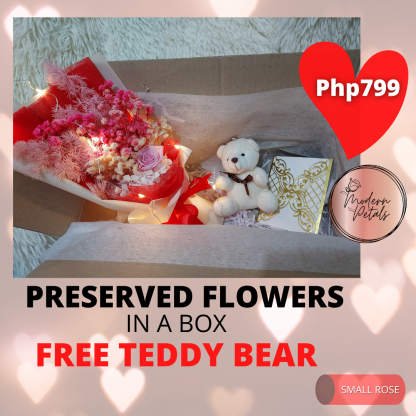 Amazing Click Preserved flowers in a box with free Teddy bear